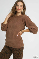 Umgee Textured Long Sleeve Sweater with Ribbed Trim OutfitFlow